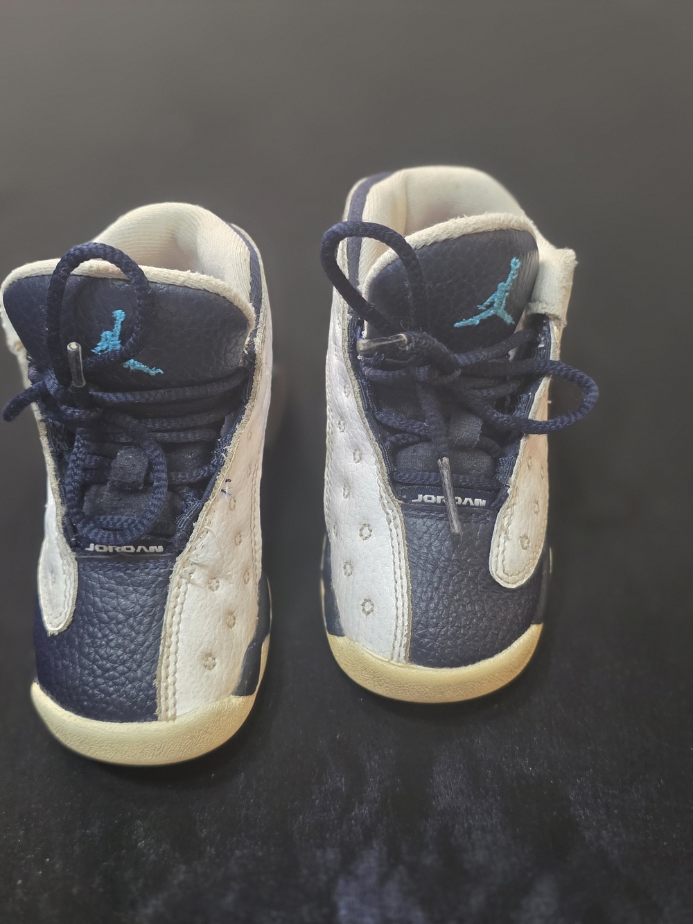 Jordan Kids Navy, White, and Teal Mini Retro Basketball Shoes